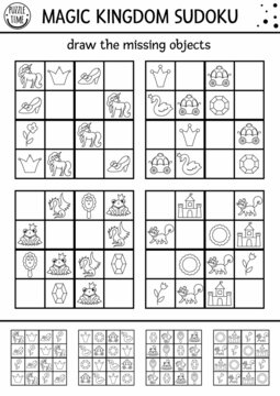 Vector fairytale black and white sudoku puzzle for kids with pictures. Simple line magic kingdom quiz. Education activity or coloring page with dragon, castle, unicorn. Draw missing objects.