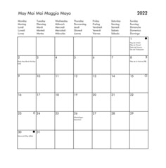Year 2022 May international calendar with holidays