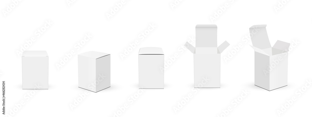Poster set of small paper rectangular packing boxes with opened and closed lid, isolated on white backgroun