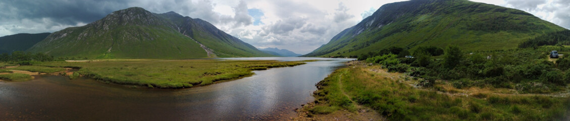 Aerial panoramic view of Loch Etive and Glen Etive in the Glencoe area, Scotland