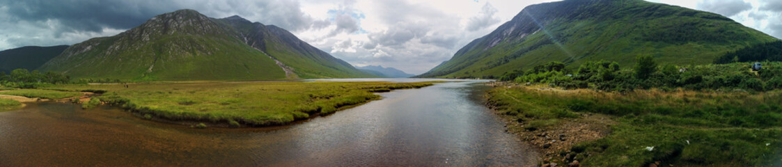 Aerial panoramic view of Loch Etive and Glen Etive in the Glencoe area, Scotland