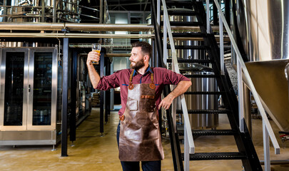 Young male brewer in leather apron at modern brewery factory