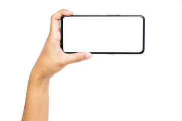 Woman hand holding the black smartphone with blank screen and modern frameless design isolated on white background