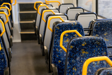 Empty train carriage seats. Passengers public transport. Tangara carriage. Sydney trains