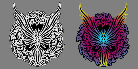 Two print options with cartoon random english text in a circle and with a silhouette of a bird in front. Monochrome tattoo logo. Fenix character colorefull design. Label with flying mascot. Isolated.
