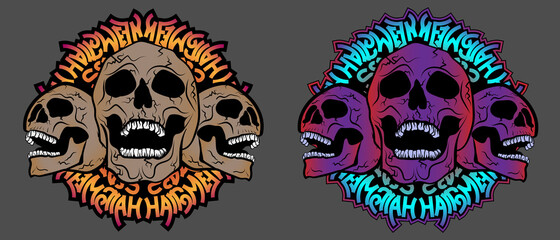 Two versions of the skull print infront of the rounded 