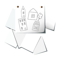 Pile of white paper with sketches of houses. Vector EPS 10