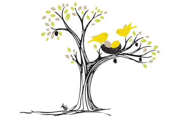 Vector illustration of bird family on the tree with nest