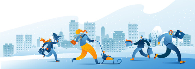 Characters in warm clothes walk against the background of a winter city. A template for a horizontal banner with a winter theme.