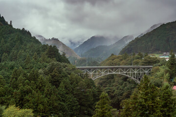 Misty mountain forest and Bridge landscape in the cold morning. fantasy forest Okutama japan