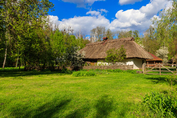 Fototapeta na wymiar Ancient traditional ukrainian rural house in Open air Museum of Folk Architecture and Folkways of Middle Naddnipryanschina in Pereyaslav, Ukraine