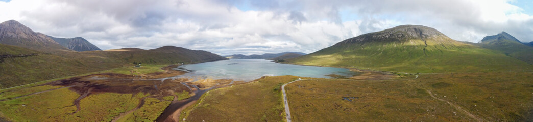 Fototapeta na wymiar Stitched aerial perspective from near Loch Ainort towards Marsco and the Cuillins and Glamaig, Isle of Skye, Scotland