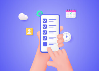 The concept of successfully completing business tasks. Hands hold a smartphone with a checklist.
