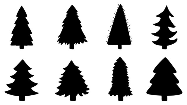 Christmas tree silhouette symbol of New Year. Set of black objects, vector isolated.