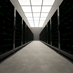 3D-Illustration of a simplistic server room with lot of green flashing lights