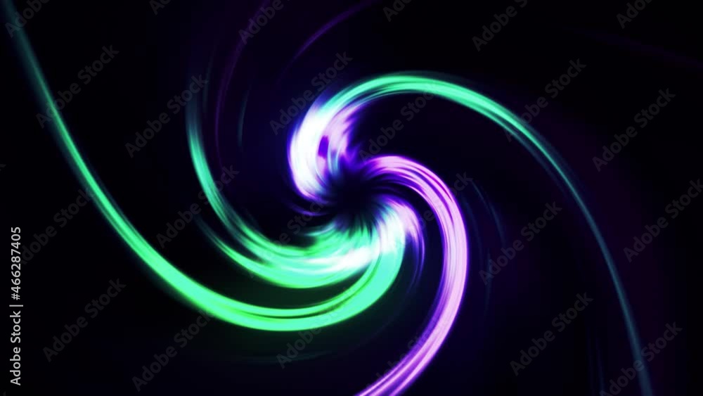 Poster neon funnel with colorful twisting rays, seamless loop. motion. curved bright lines on a black backg