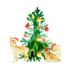 Watercolor Christmas illustration with deer and a tree for cards, gift bags
