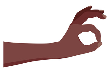 Hand picking something. Okay gesture. Afro American dark skin color. Hand isolated on a white background. Gesture pinching, hold, two fingers close. Vector illustration, flat cartoon design, eps 10.