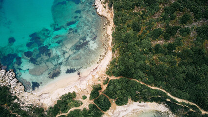 Aerial view of Porto Timoni beach and pirate bay on Corfu island in Greece. Ionian sea.
