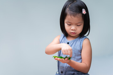 Adorable child girl holding green leaves on her hands. Kid learning the characteristics of leaves...