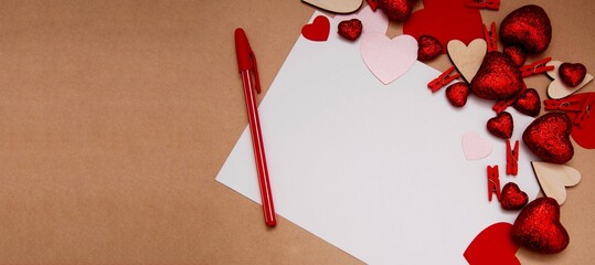 Valentines Day, red hearts, empty blank paper. Abstract love banner