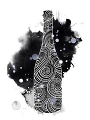 Decorated wine bottle and wine stain with space for text. Digital lines hand drawn picture with watercolour texture. Mixed media artwork.