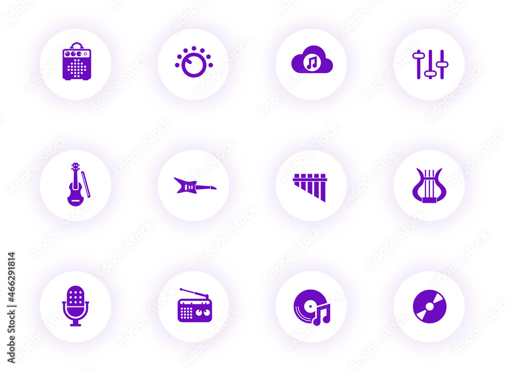 Poster music purple color vector icons on light round buttons with purple shadow. music icon set for web, m
