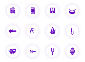 musical store purple color vector icons on light round buttons with purple shadow. musical store icon set for web, mobile apps, ui design and print
