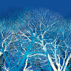 Naked trees in fantastic winter seamless border. Digital lines hand drawn picture with watercolour texture. Mixed media artwork. Endless motif for packaging, scrapbooking, textiles.