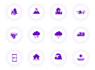 natural disasters purple color vector icons on light round buttons with purple shadow. natural disasters icon set for web, mobile apps, ui design and print