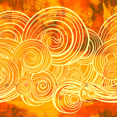 Curls, clouds and abstract lines - boho seamless pattern. Digital lines hand drawn picture with watercolour texture. Mixed media artwork. 