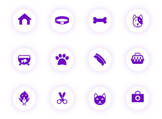 pets purple color vector icons on light round buttons with purple shadow. pets icon set for web, mobile apps, ui design and print