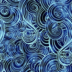 Curls, clouds and abstract lines - boho seamless pattern. Digital lines hand drawn picture with watercolour texture. Mixed media artwork. 