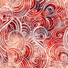 Curls, clouds and abstract lines - boho seamless pattern. Digital lines hand drawn picture with watercolour texture. Mixed media artwork. 