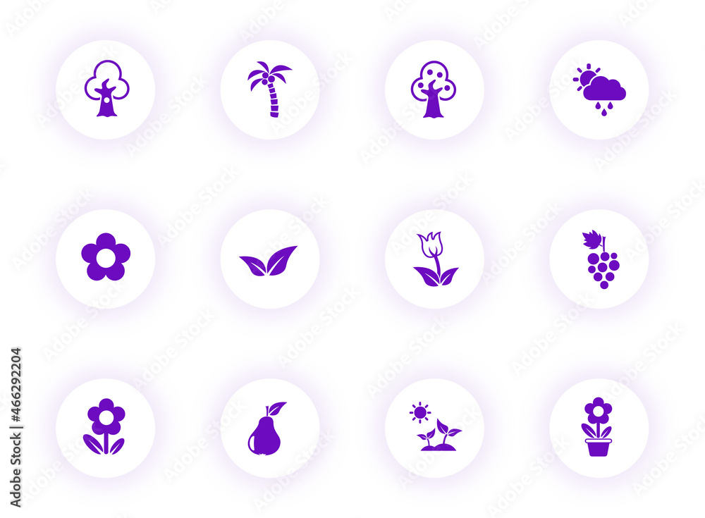 Poster plants purple color vector icons on light round buttons with purple shadow. plants icon set for web,
