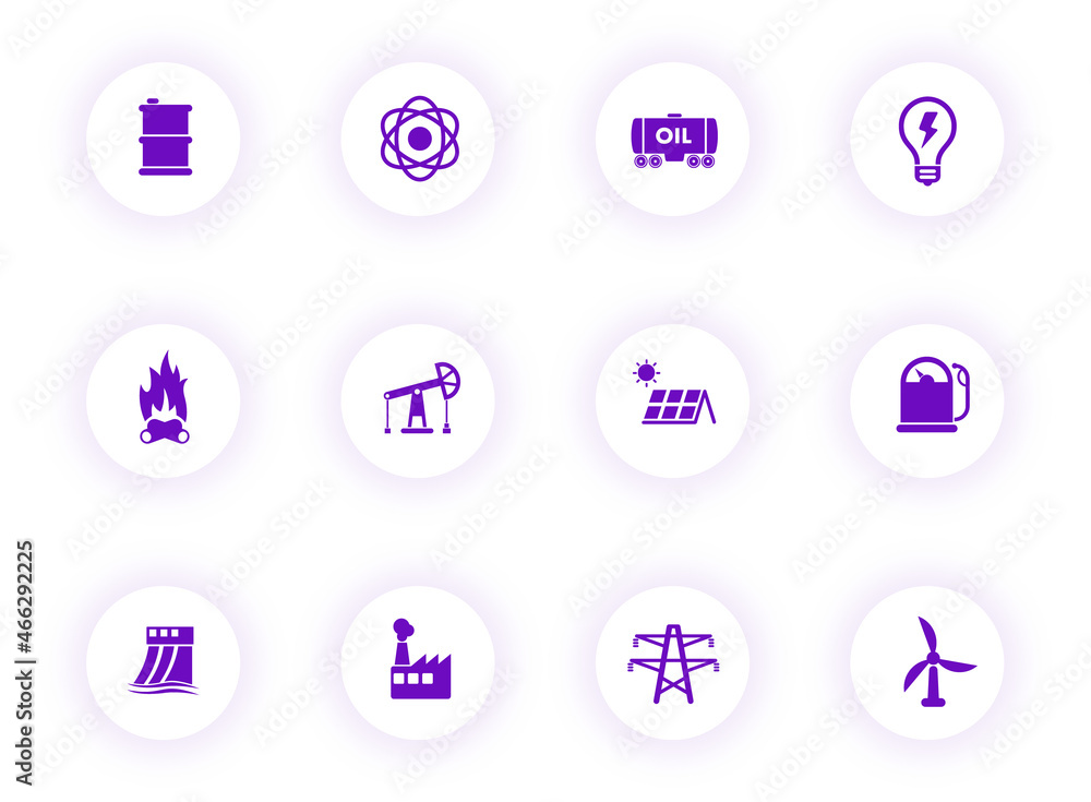 Poster power generation purple color vector icons on light round buttons with purple shadow. power generati