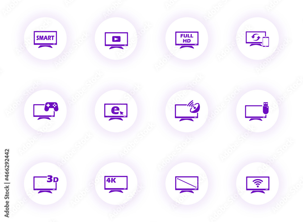 Poster smart tv purple color vector icons on light round buttons with purple shadow. icon set for web, mobi