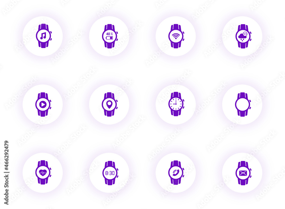 Poster smart watch purple color vector icons on light round buttons with purple shadow. smart watch icon se