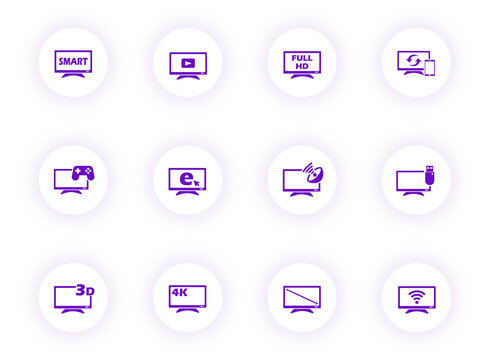 smart tv purple color vector icons on light round buttons with purple shadow. icon set for web, mobile apps, ui design and print