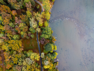 Walking trail through autumn woodlands along catawba River in South carolina, USA. Overhead view.