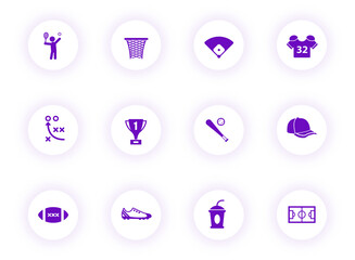 sport purple color vector icons on light round buttons with purple shadow. sport icon set for web, mobile apps, ui design and print