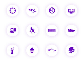 sport purple color vector icons on light round buttons with purple shadow. sport icon set for web, mobile apps, ui design and print