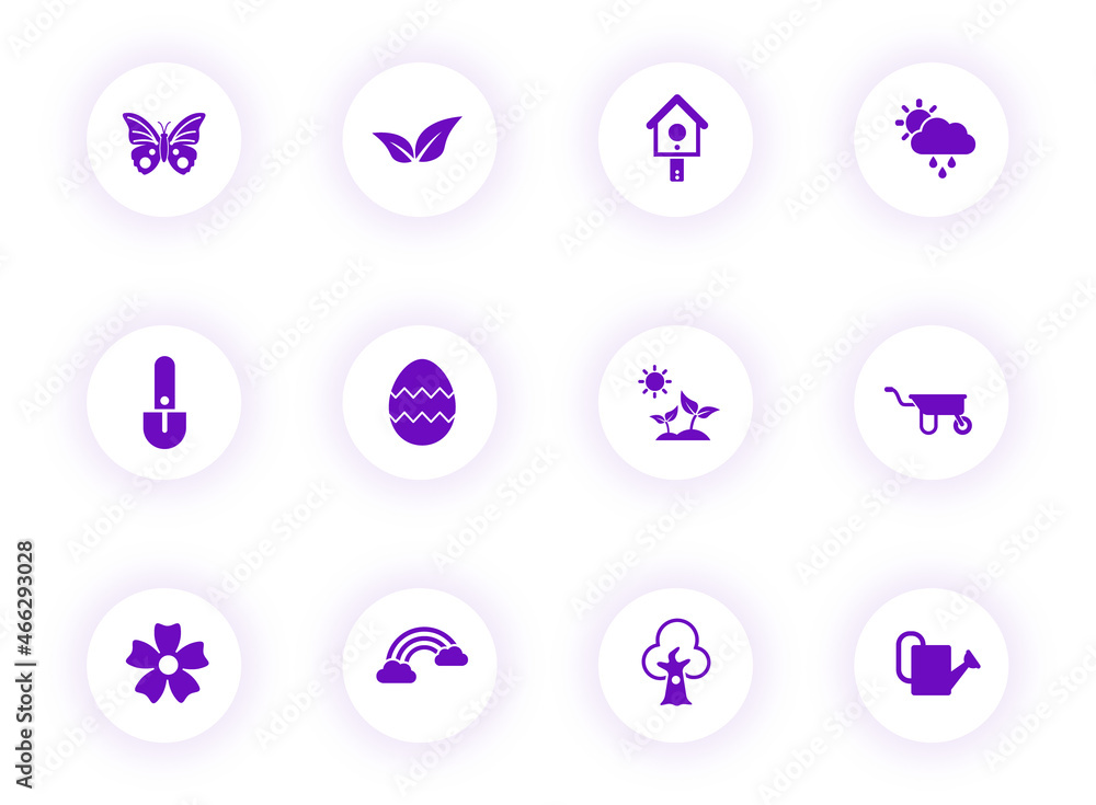 Poster spring purple color vector icons on light round buttons with purple shadow. spring icon set for web,