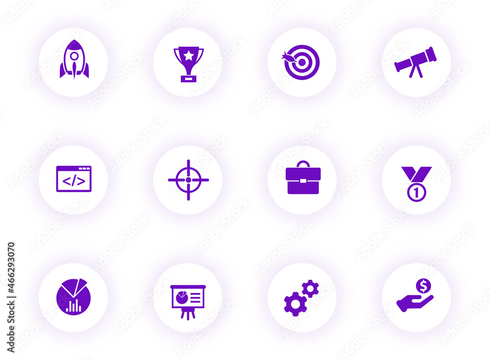 Poster startup purple color vector icons on light round buttons with purple shadow. startup icon set for we