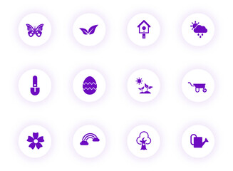 spring purple color vector icons on light round buttons with purple shadow. spring icon set for web, mobile apps, ui design and print