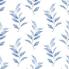 Blue floral seamless pattern of leaves. Monochrome background.