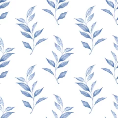 Wall murals Blue and white Blue floral seamless pattern of leaves. Monochrome background.