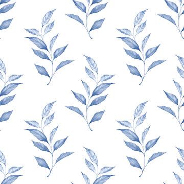 Blue floral seamless pattern of leaves. Monochrome background.