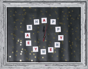 New year greeting card. An impromptu clock in a wooden frame. Waiting for the holiday. New Year...