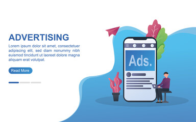 advertising concept with ads written on smartphone screens and people sitting holding laptops.